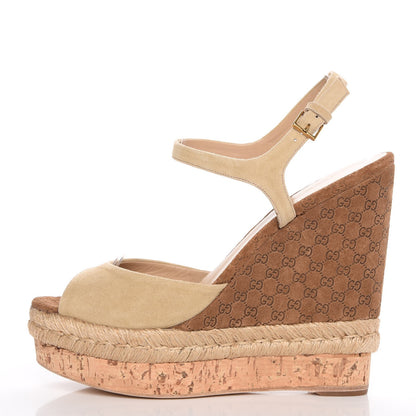 Gucci Suede Cork Guccissima Hollie Wedge Sandals 38.5 Nude 1 of 15