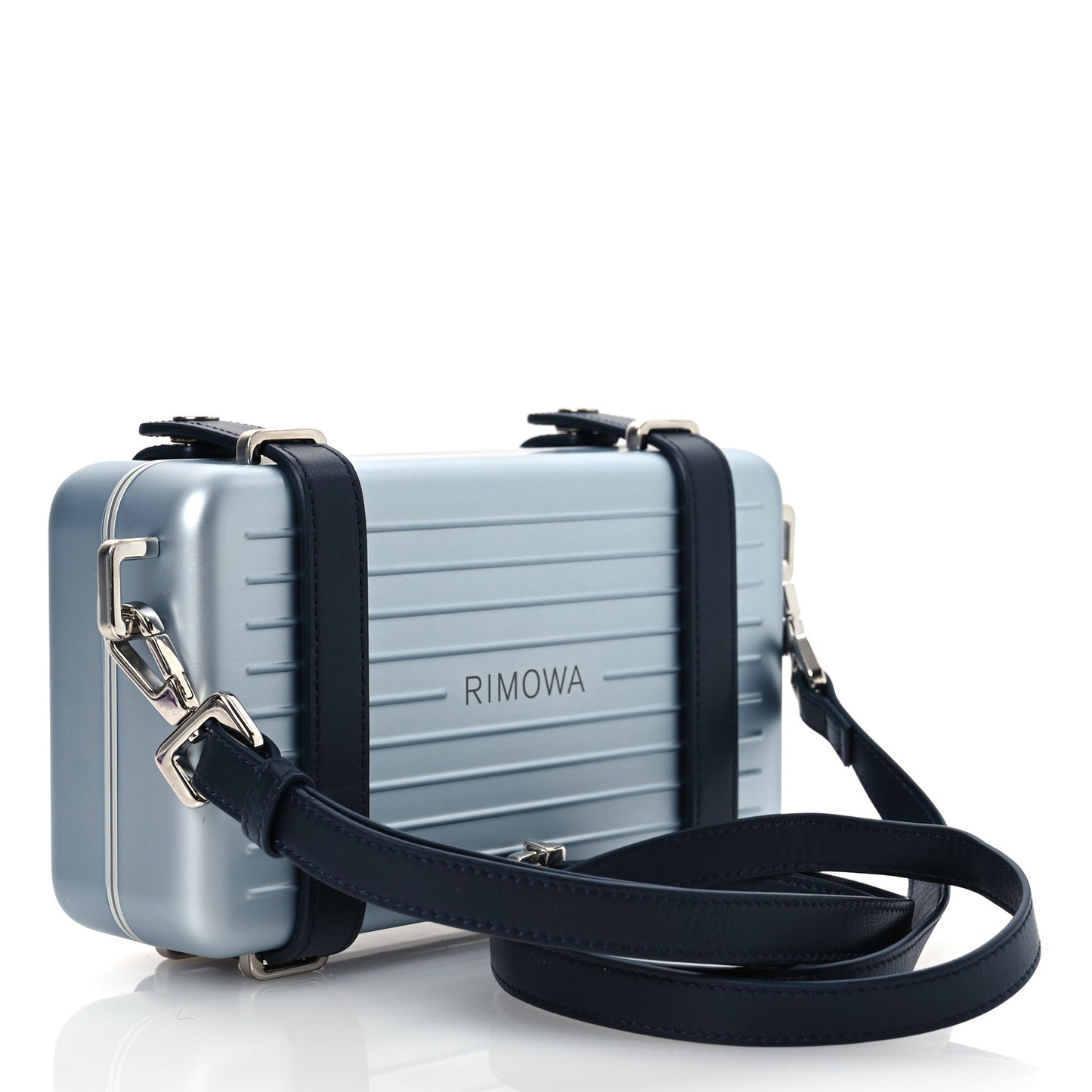 X RIMOWA Aluminum Personal Clutch On Strap Bleu