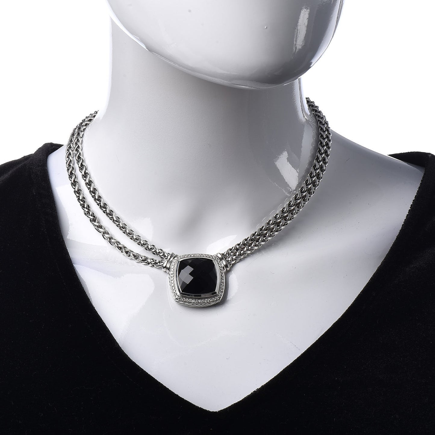 Sterling Silver Diamond Black Onyx 19mm Albion Double Wheat Chain Necklace