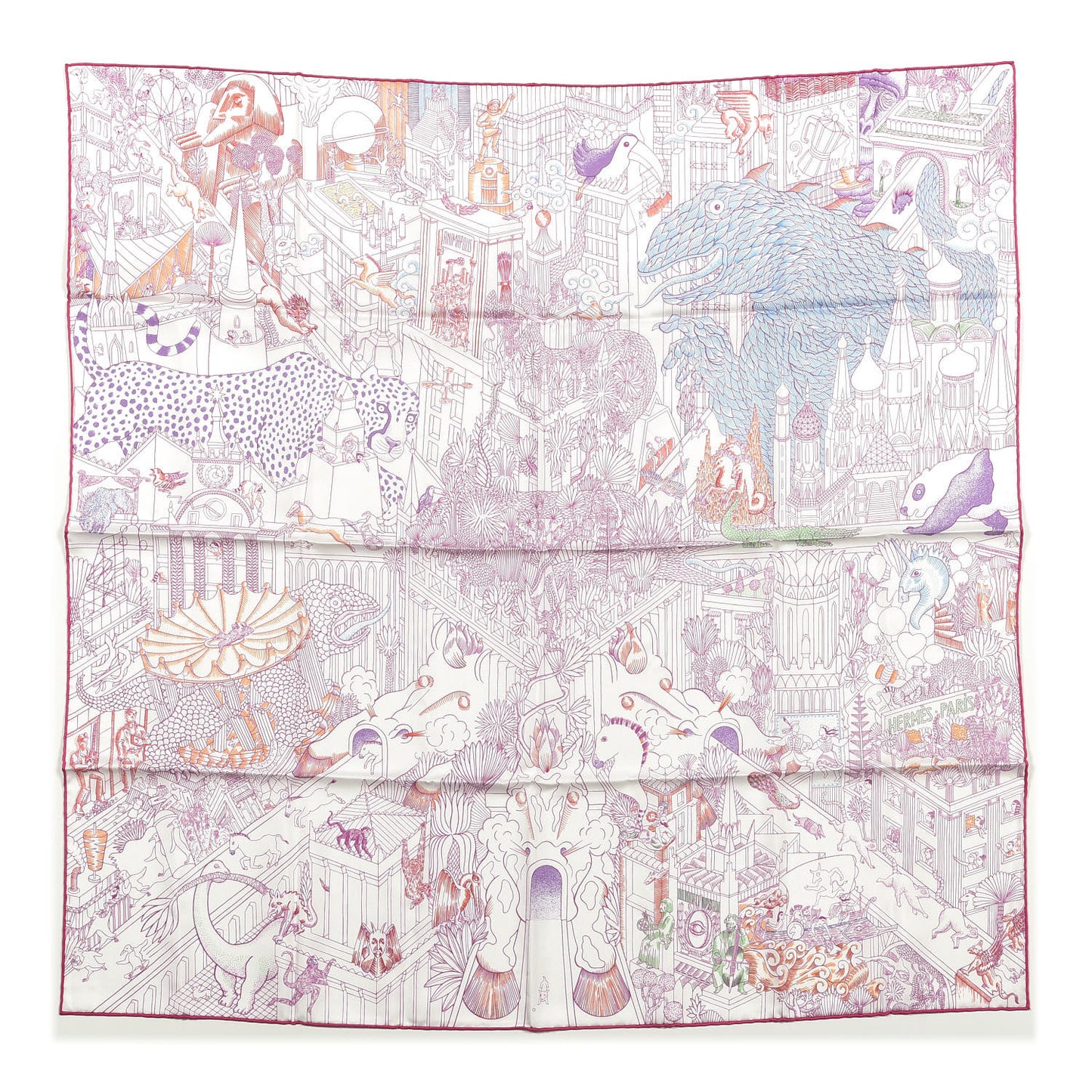 Silk Animapolis Scarf 90 White Fuchsia Multicolor