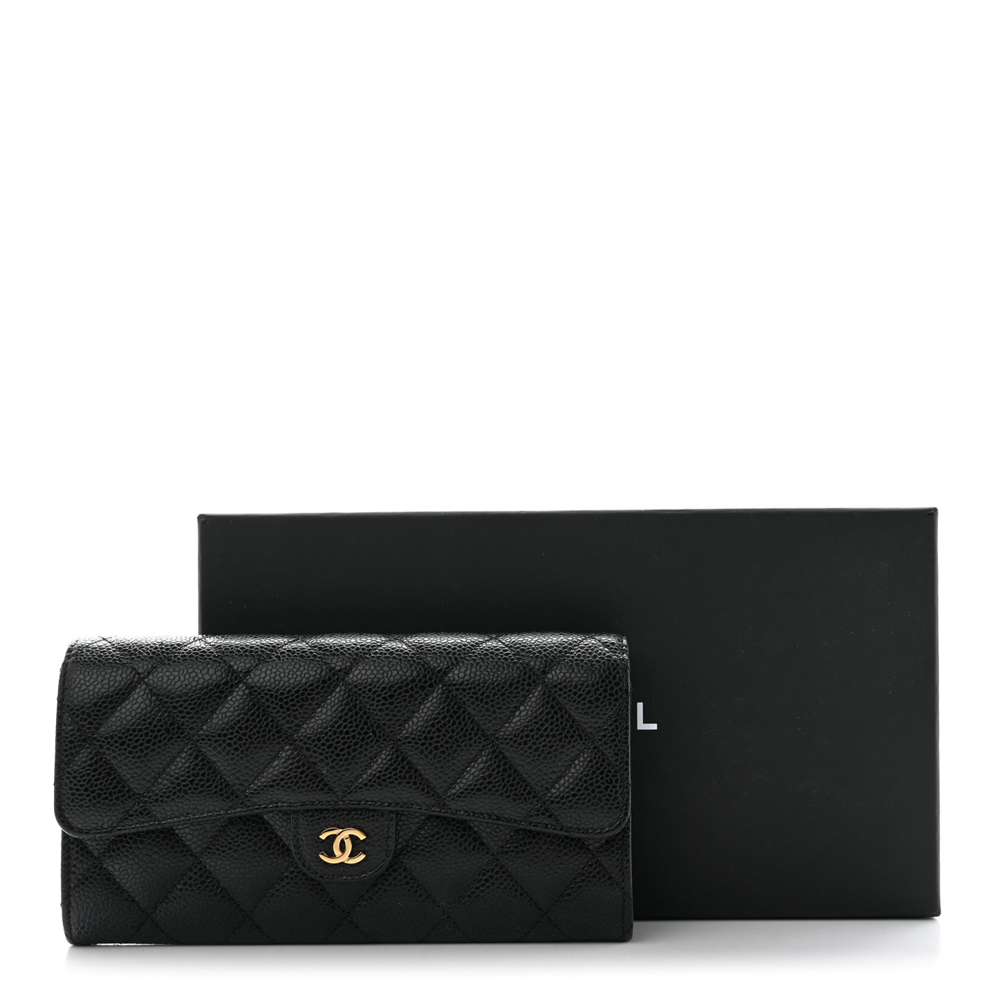 Caviar Quilted Large Gusset Flap Wallet Black