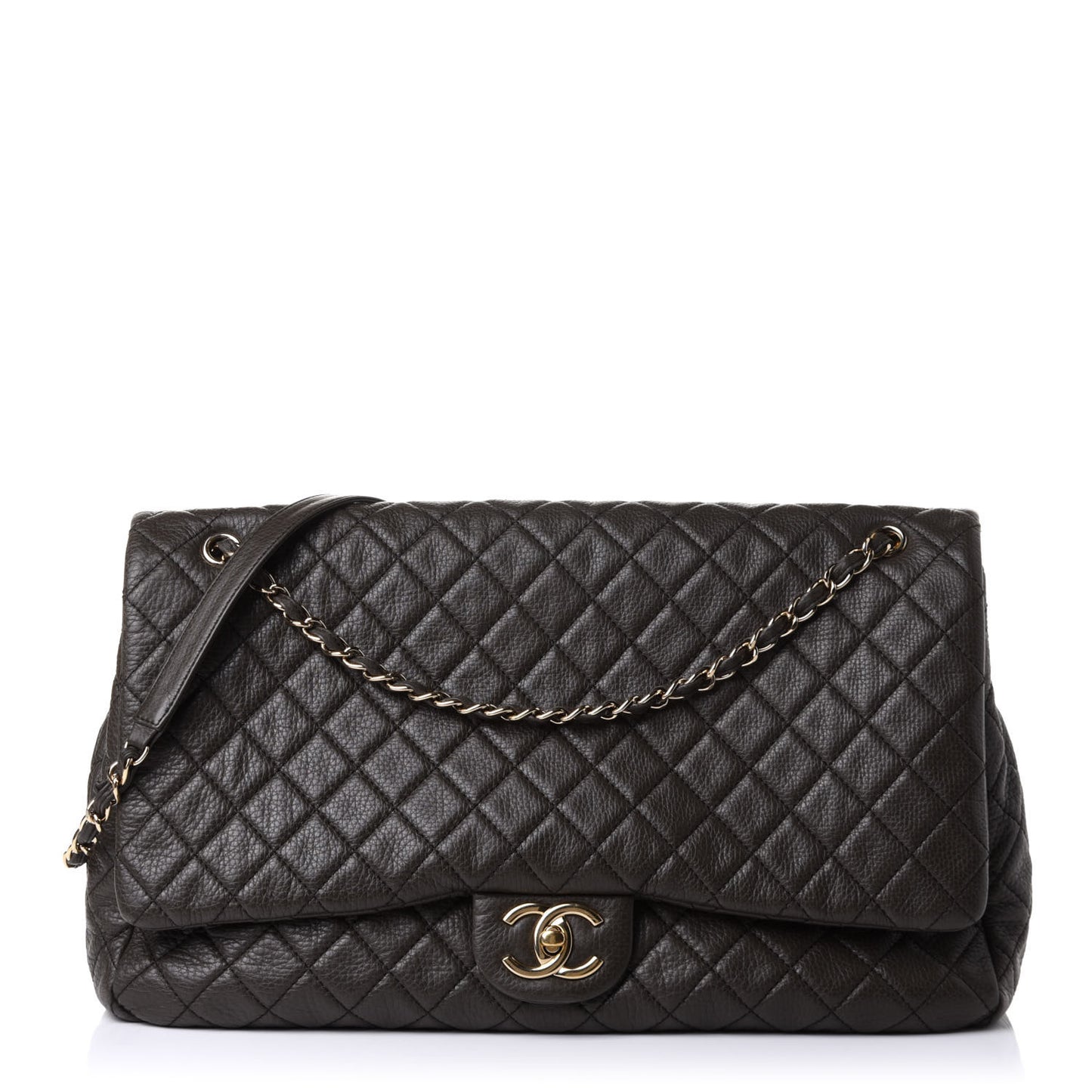 Calfskin Quilted XXL Travel Flap Bag Khaki