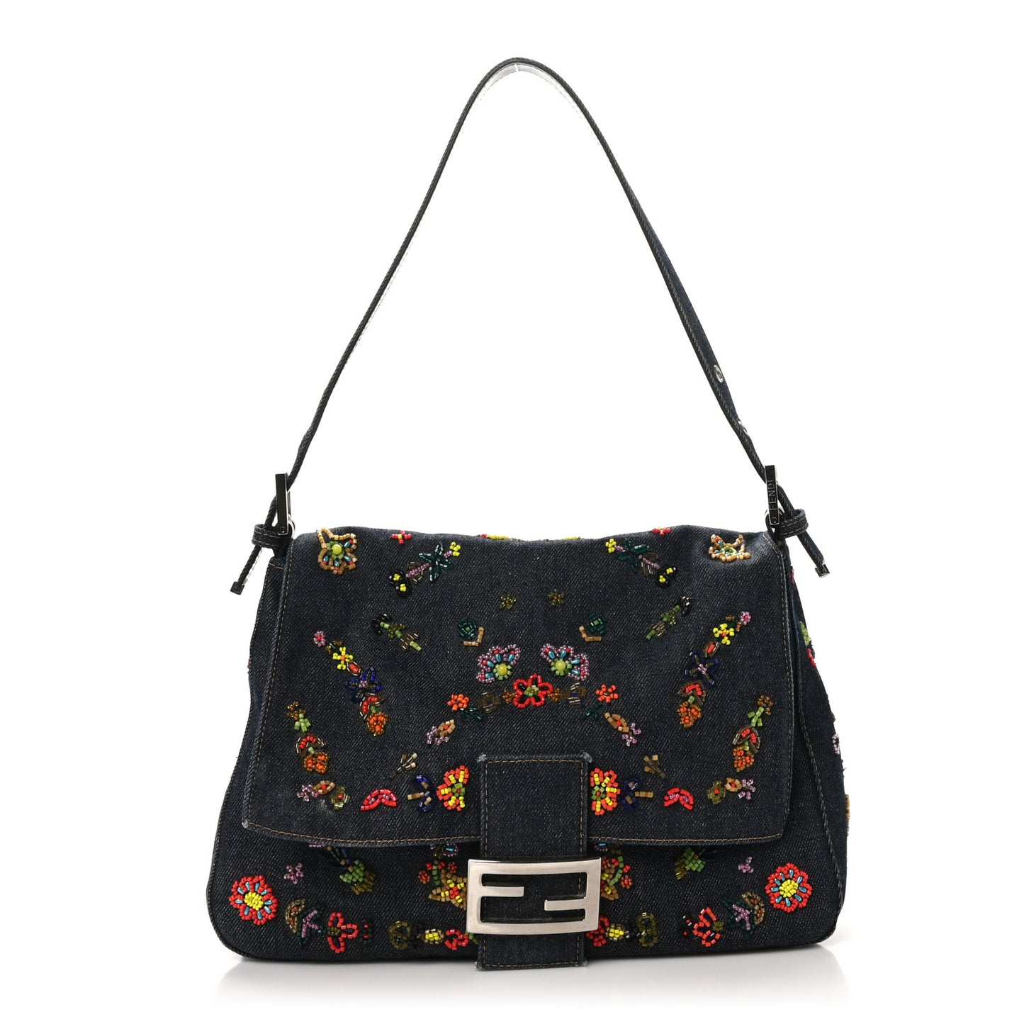 Denim Ricami Beaded Mama Baguette Blue