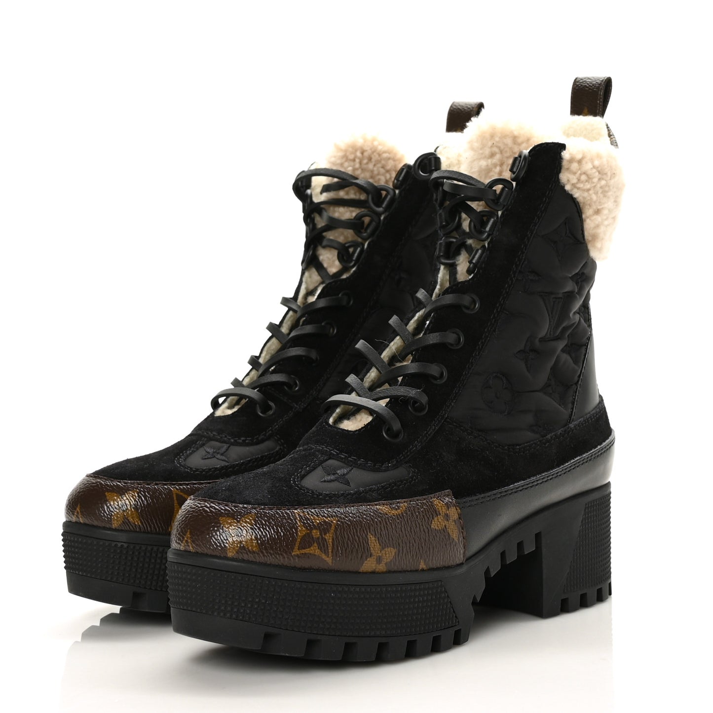Nylon Suede Calfskin Shearling Monogram Laureate Platform Boots 37 Black