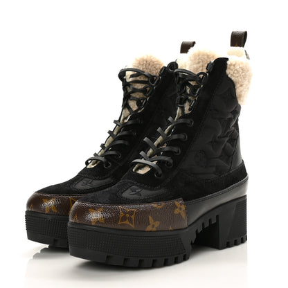 Louis Vuitton Nylon Suede Calfskin Shearling Monogram Laureate Platform Boots 37 Black 3 of 6