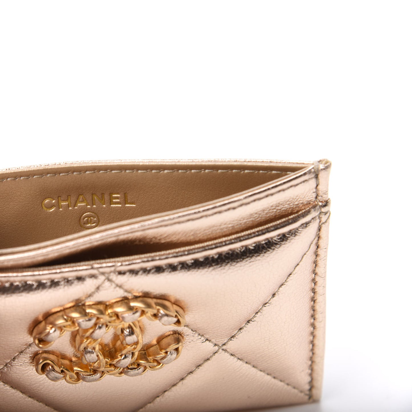 Metallic Goatskin Quilted Chanel 19 Card Holder Gold