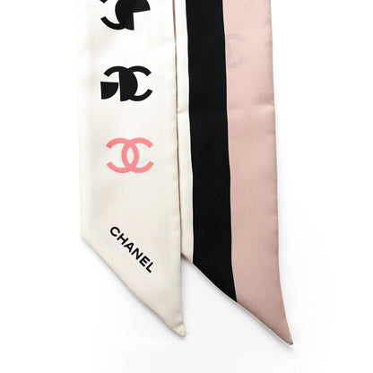 Chanel Silk 31 Rue Cambon CC Slim Bandeau Scarf Ecru Pink Black 2 of 4