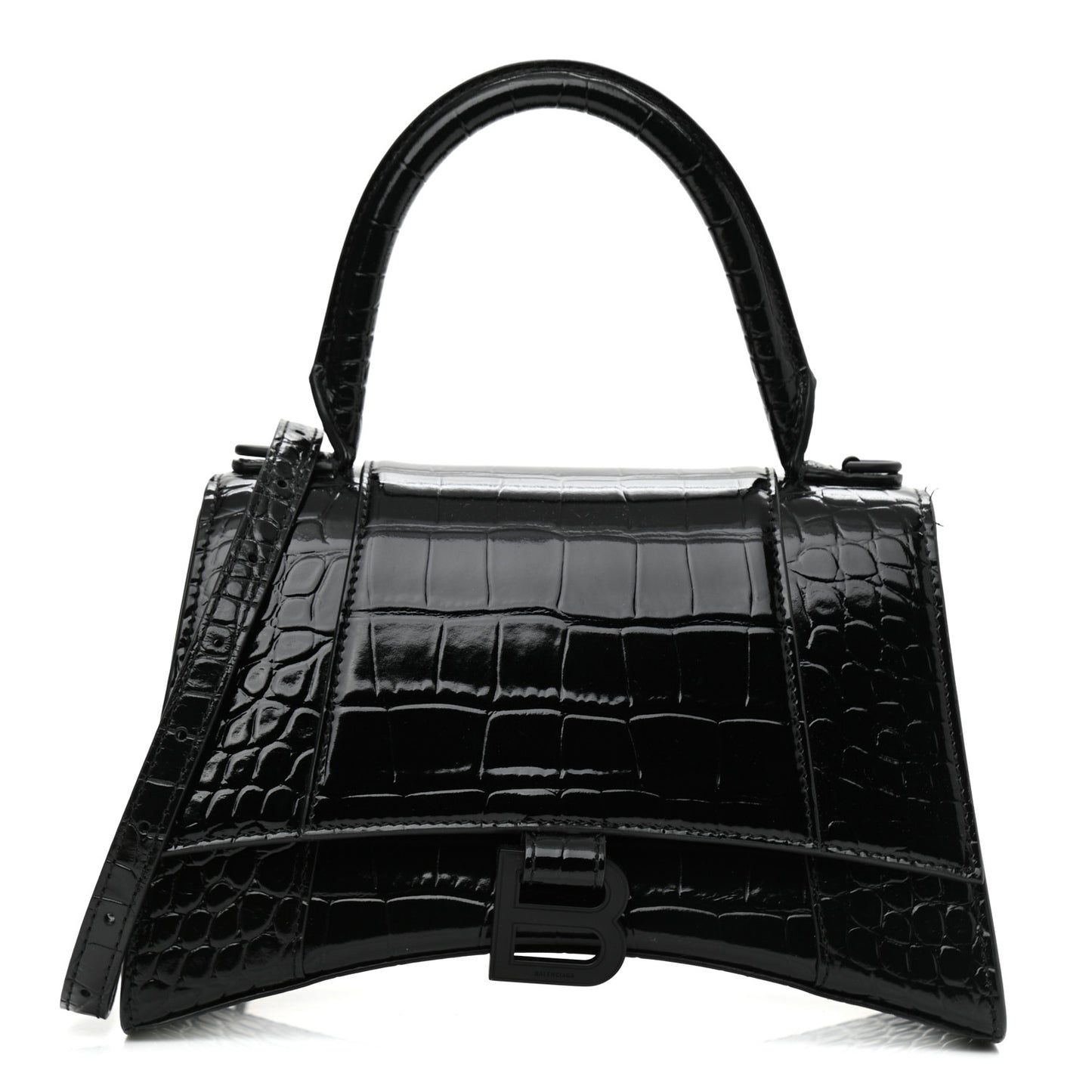 Shiny Calfskin Monochrome Crocodile Embossed Small Hourglass Top Handle Bag Black
