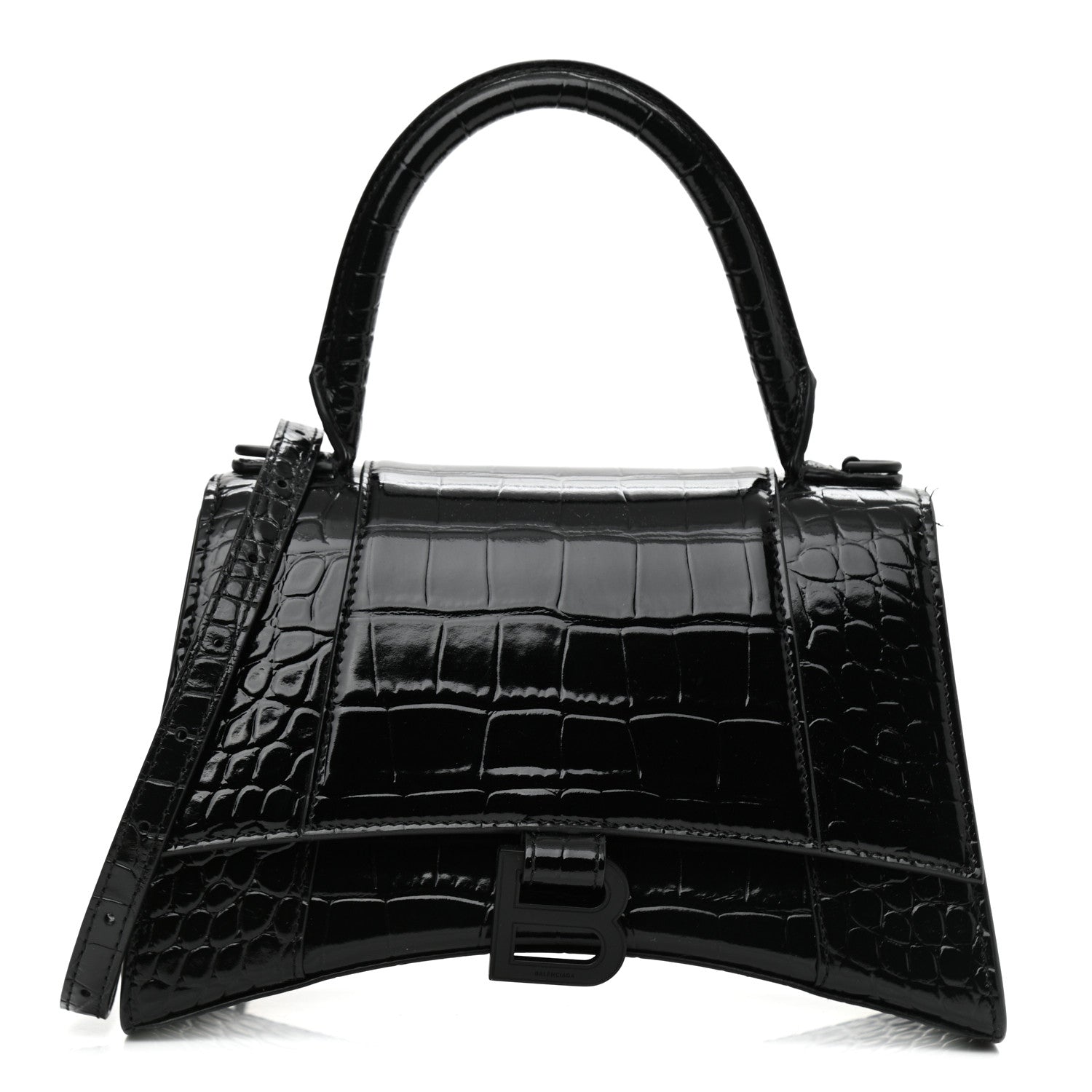 Balenciaga Shiny Calfskin Monochrome Crocodile Embossed Small Hourglass Top Handle Bag Black 1 of 9