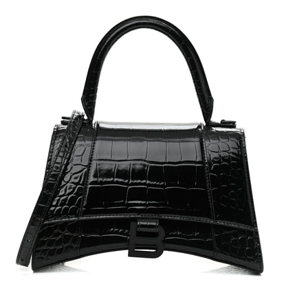 Balenciaga Shiny Calfskin Monochrome Crocodile Embossed Small Hourglass Top Handle Bag Black 1 of 9
