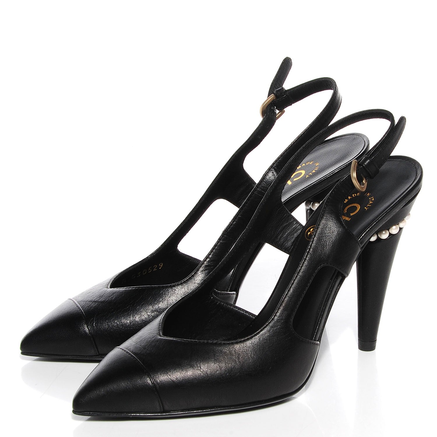 Chanel Leather Pearl Slingback Pumps 35.5 Black 3 of 9