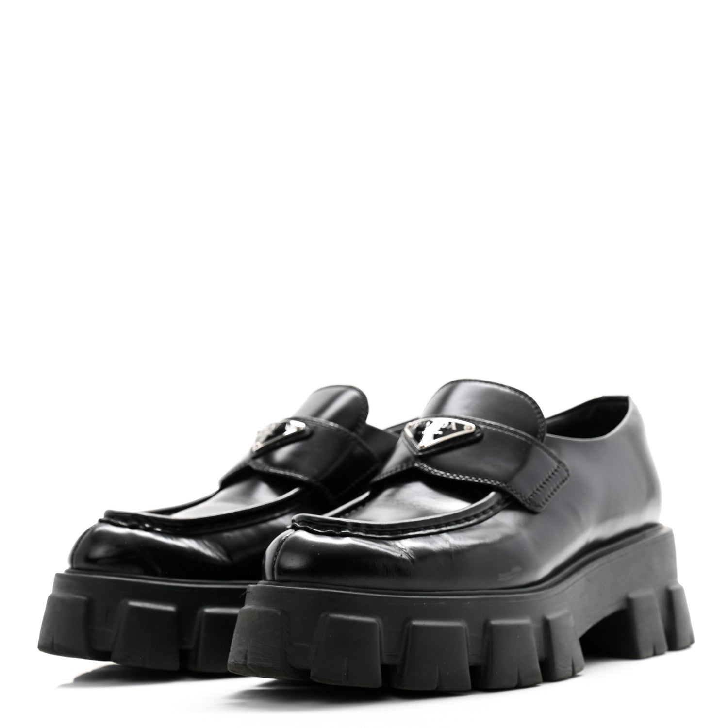 Prada Spazzolato Triangle Logo Monolith Pointy 55mm Loafers 40 Black 3 of 12