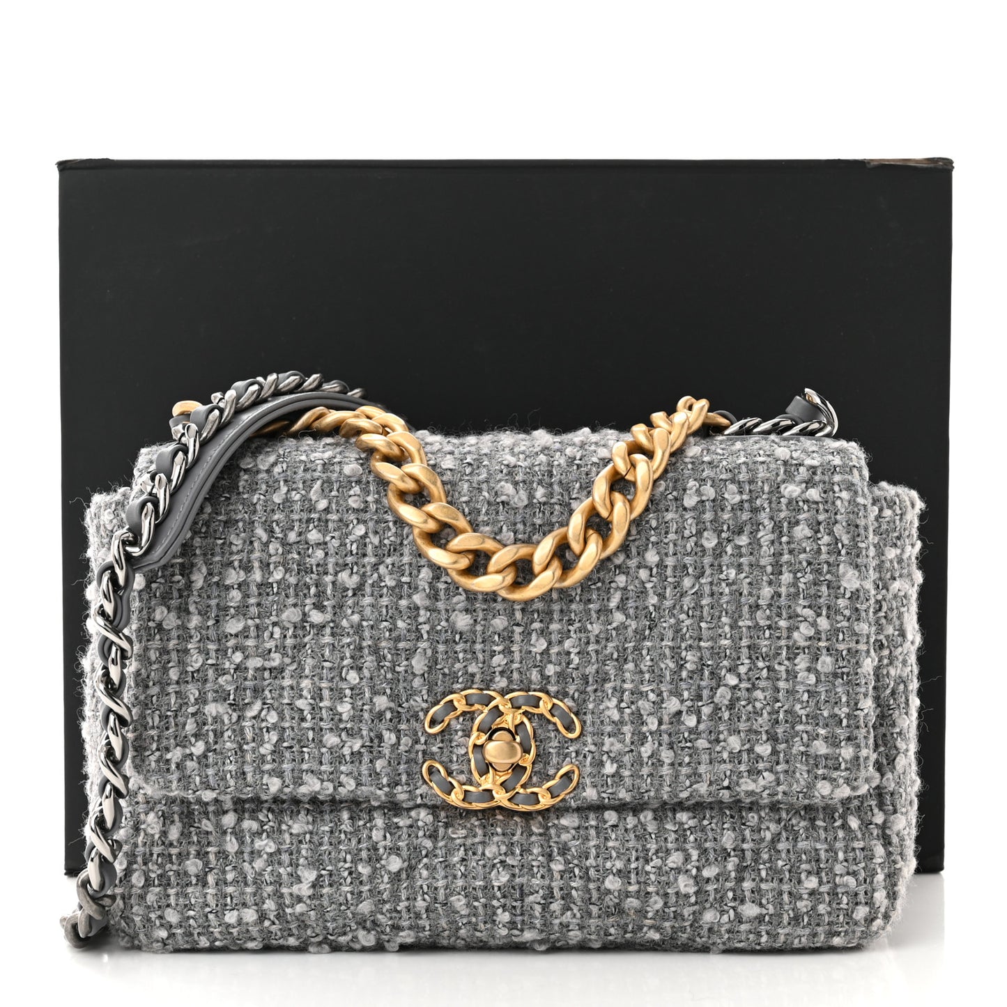 Tweed Quilted Medium Chanel 19 Flap Grey