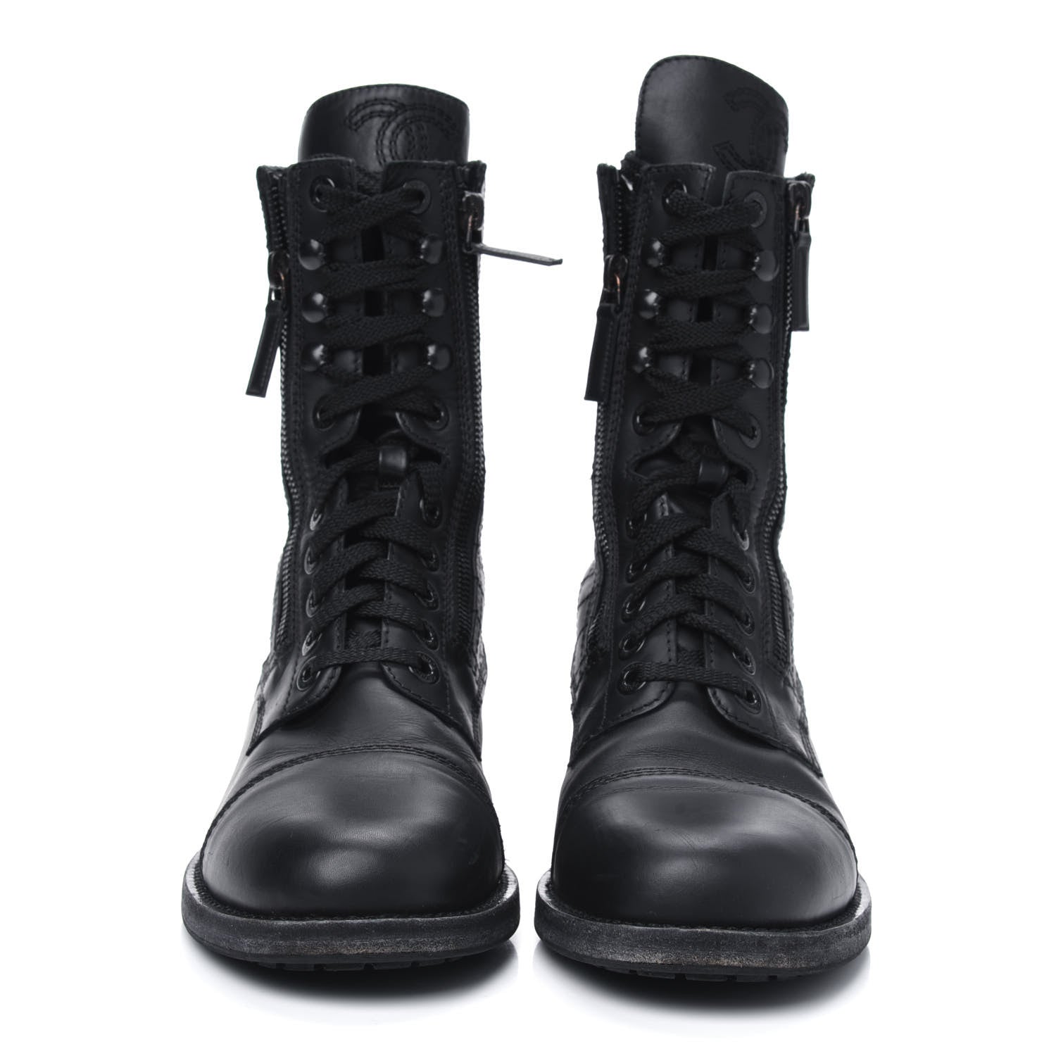 Chanel Calfskin Quilted Lace Up Combat Boots 40 Black 2 of 11