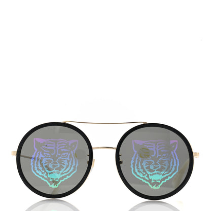 Gucci Metal Round Frame Tiger Print Sunglasses GG0061S Gold 2 of 8