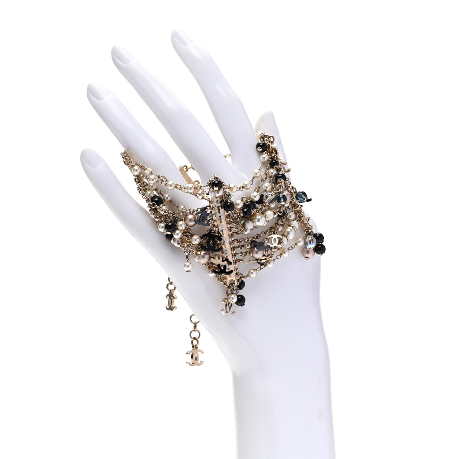Chanel Pearl Bead Crystal CC Multi Strand Byzantine Chain Black Gold 2 of 5