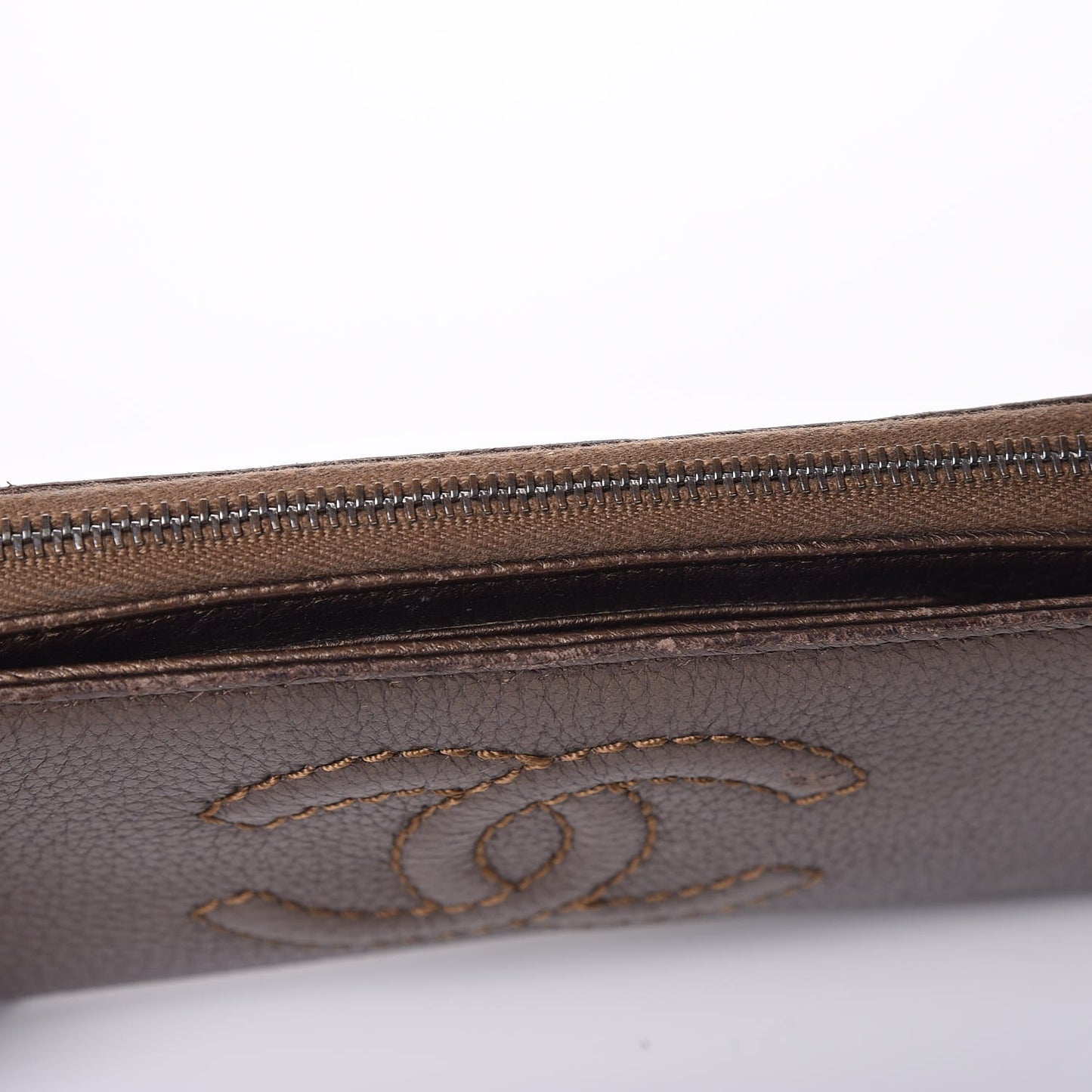Metallic Calfskin Large Timeless Zip Around Wallet Brown