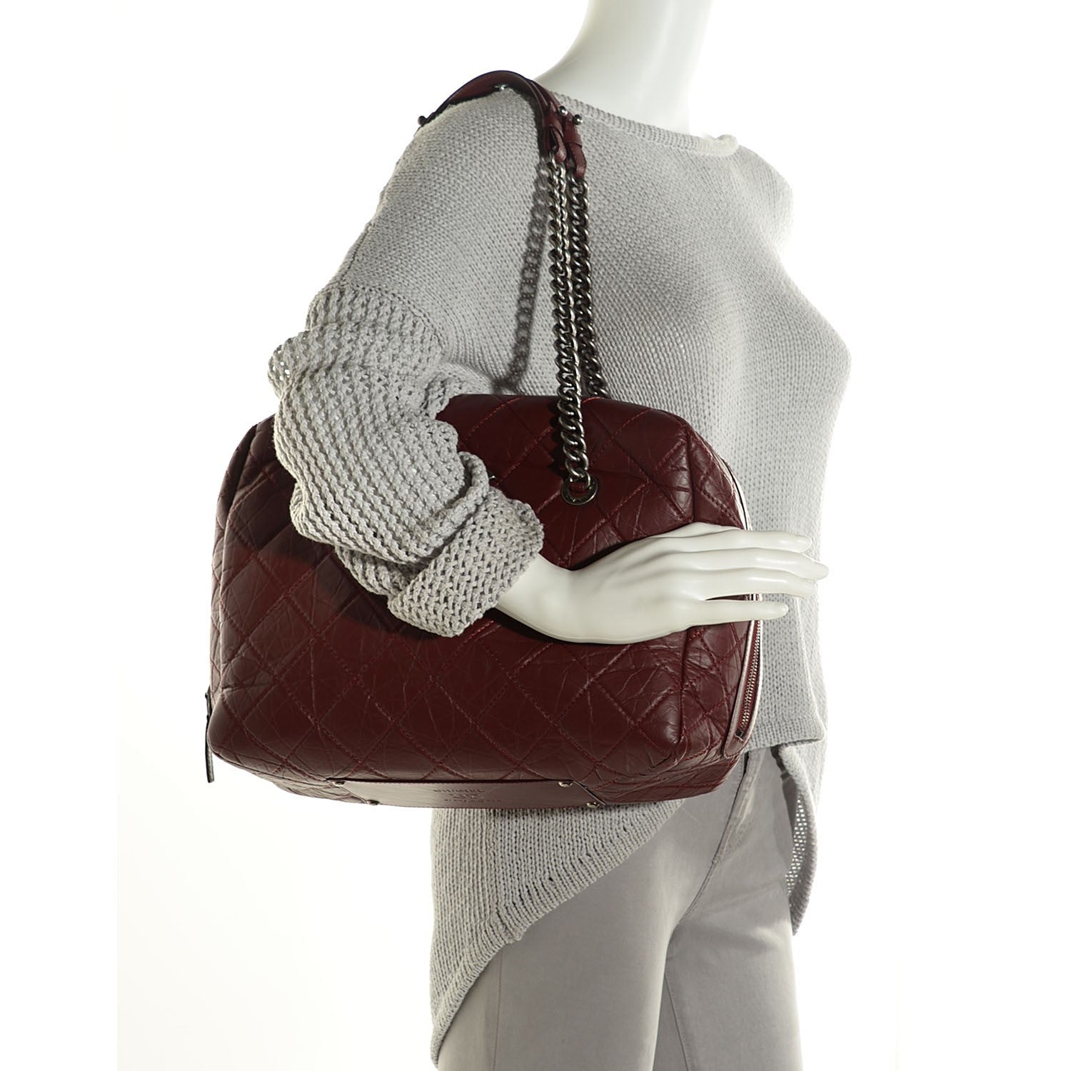 Chanel Aged Calfskin Quilted Large Secret Tag Bowling Bag Burgundy 2 of 8