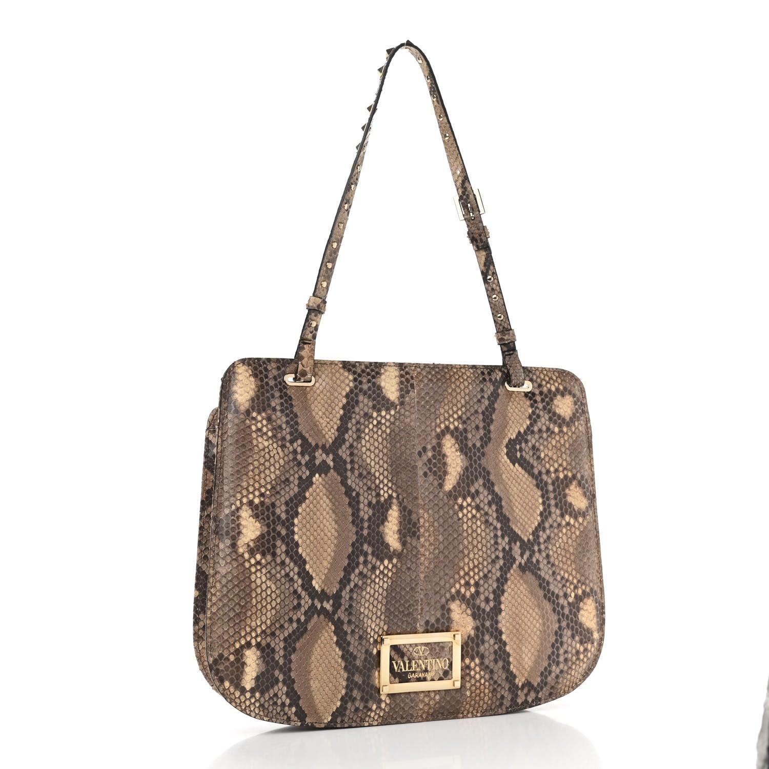 Valentino Garavani Snakeskin Rockstud Shoulder Satchel Beige 3 of 9