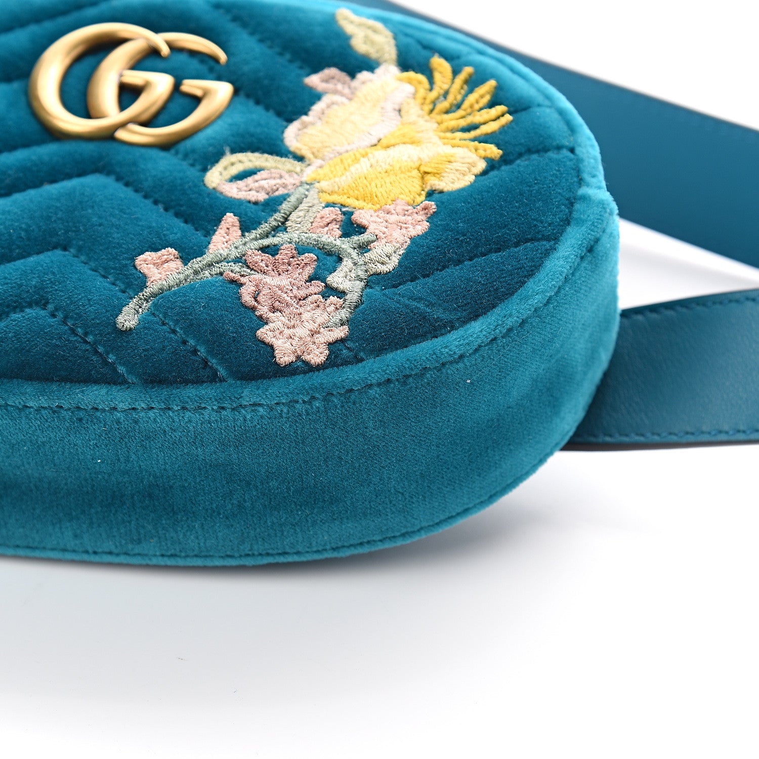 Gucci Velvet Matelasse Embroidered GG Marmont Belt Bag 105 42 Pavone Cyan 8 of 8
