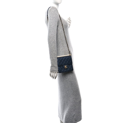 Chanel Iridescent Lambskin Quilted Chic Pearls Flap Navy Blue 2 of 10