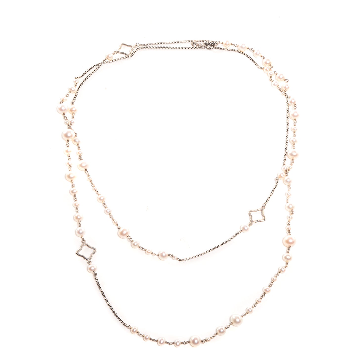 Sterling Silver Quatrefoil Pearl Long Chain Necklace