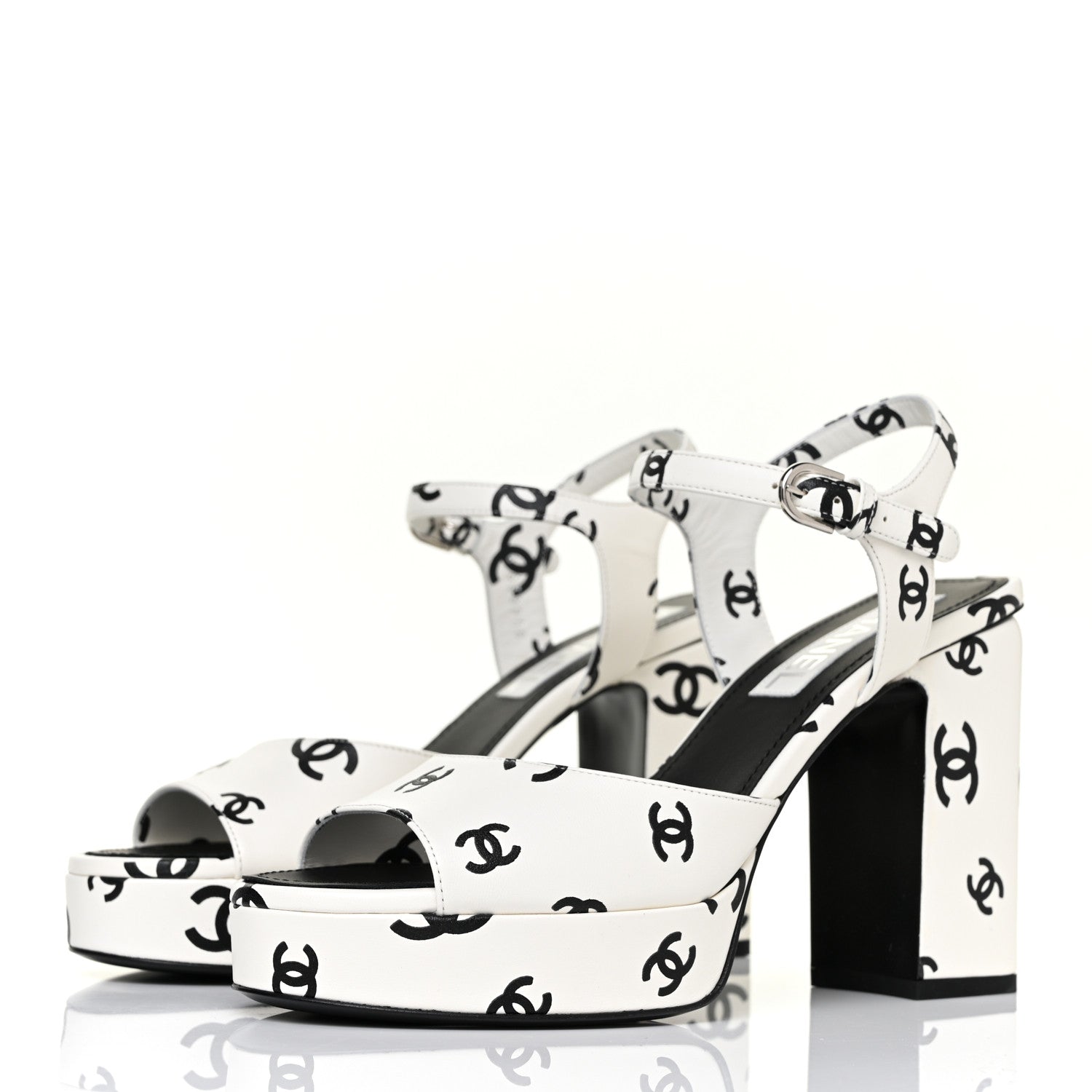 Chanel Printed Lambskin Coco Beach Platform Sandals 39 White Black 2 of 10