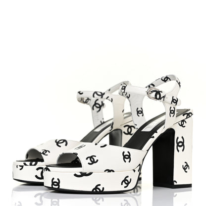Chanel Printed Lambskin Coco Beach Platform Sandals 39 White Black 2 of 10