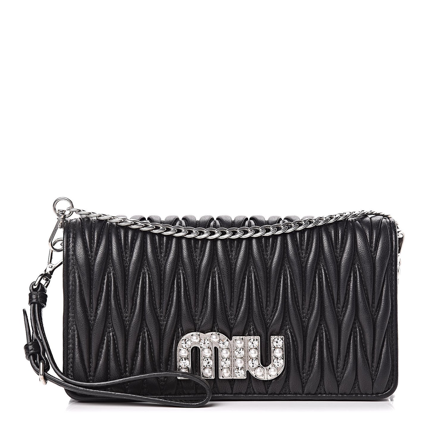 Nappa Matelasse Crystal Pearl Logo Chain Clutch Black