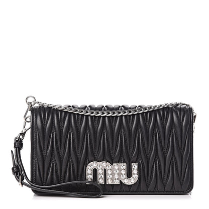 Miu Miu Nappa Matelasse Crystal Pearl Logo Chain Clutch Black 1 of 10