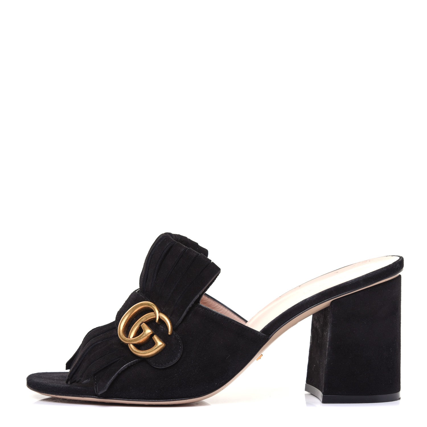 Gucci Kid Scamosciato GG Marmont Fringe 75mm Slide Sandals 40 Black 1 of 8