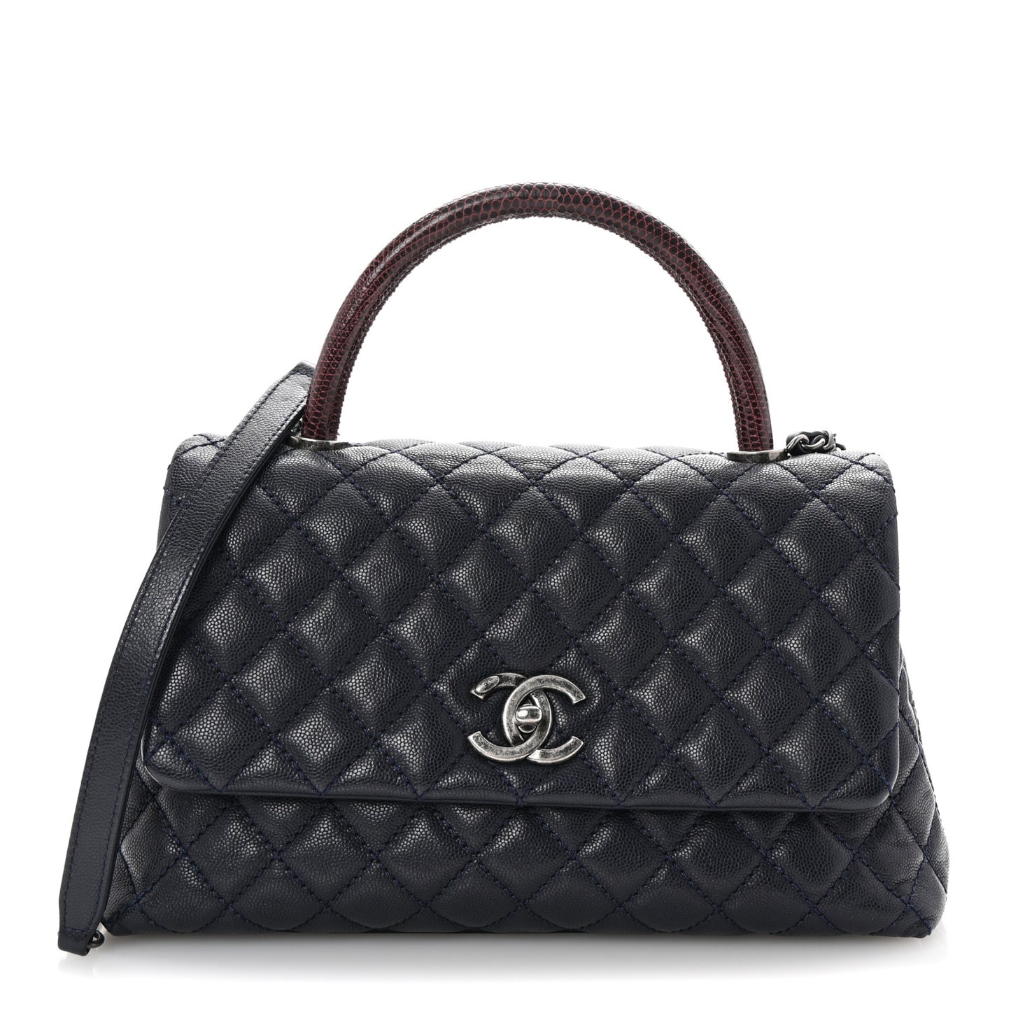 Caviar Lizard Embossed Quilted Small Coco Handle Flap Navy Blue
