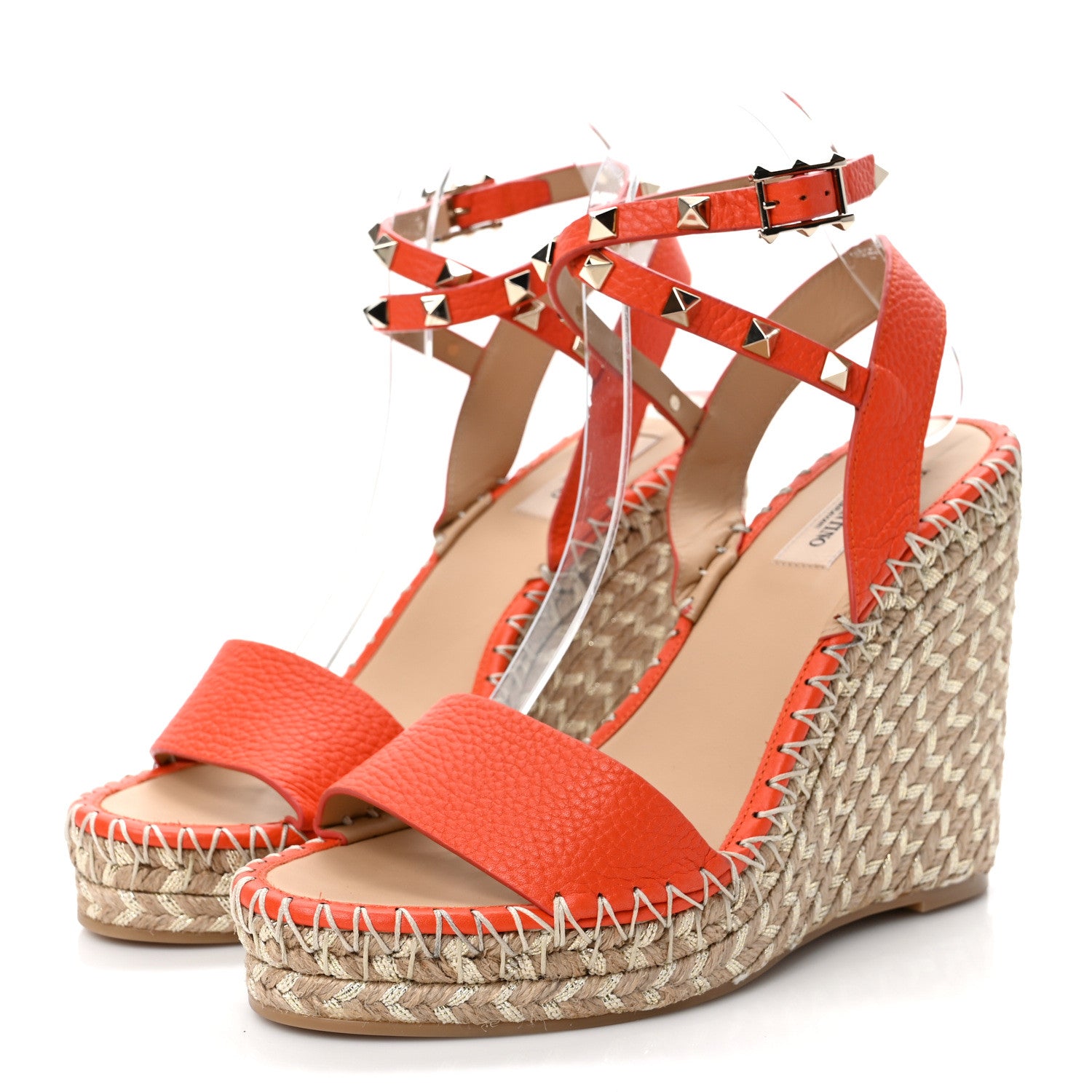 Valentino Garavani Grained Calfskin Rockstud Ankle Strap Espadrille 15/105mm Wedge Sandals 39 Titian Natural 3 of 8
