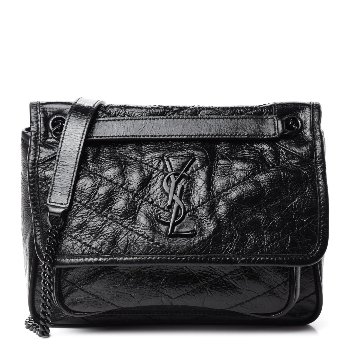 Crinkled Calfskin Matelasse Monogram Baby Niki Chain Satchel Black