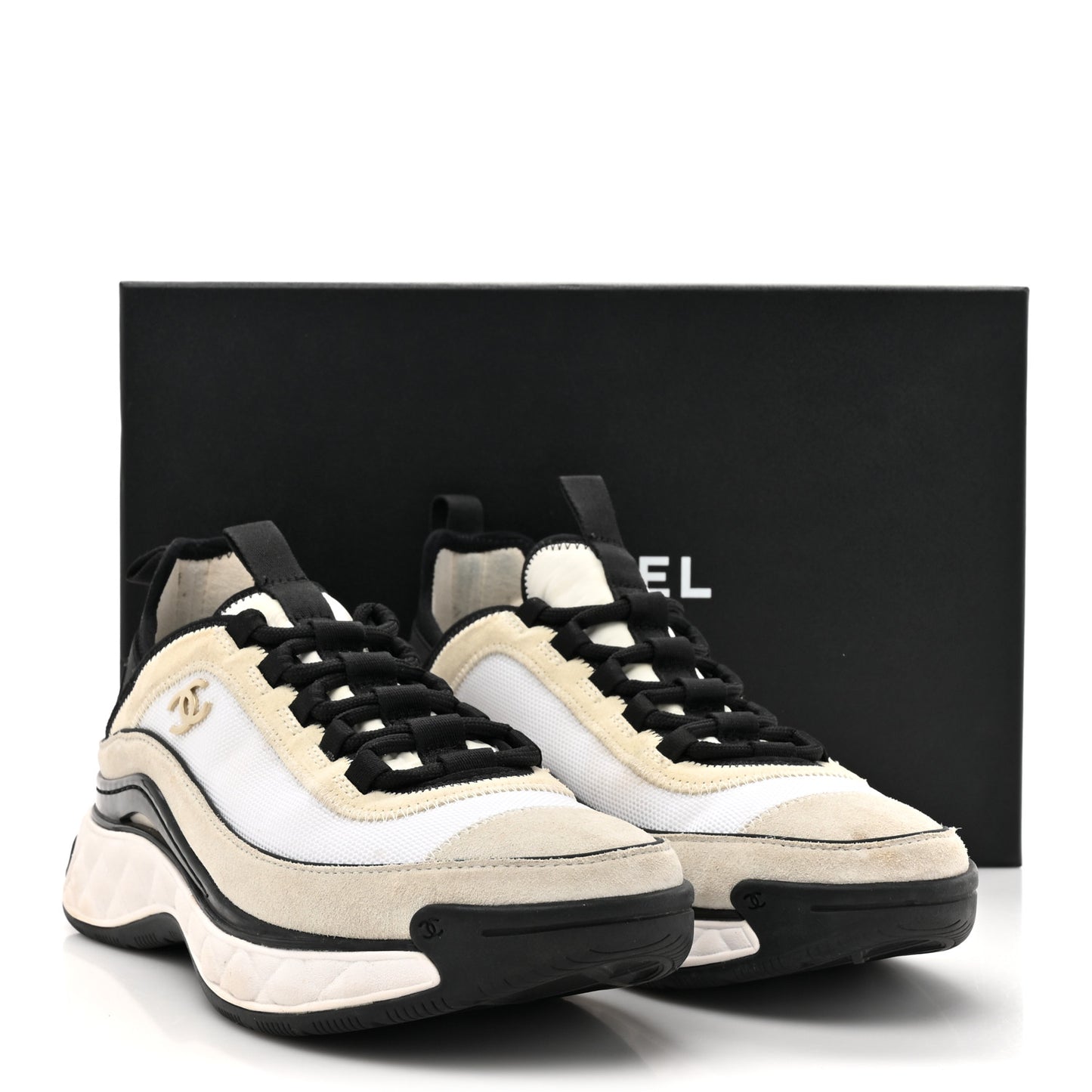Velvet Calfskin Mixed Fibers CC Sneakers 37.5 Ivory Black