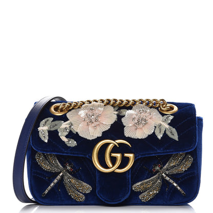 Gucci Velvet Matelasse Embroidered Mini GG Marmont Shoulder Bag Cobalt Blue 1 of 7