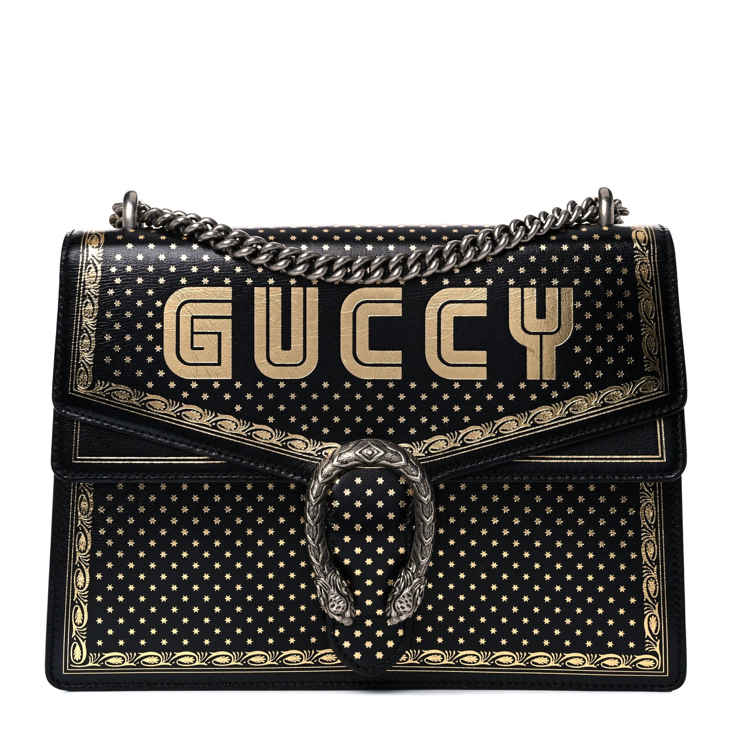X SEGA Calfskin GUCCY Stars Medium Dionysus Shoulder Bag Black Gold