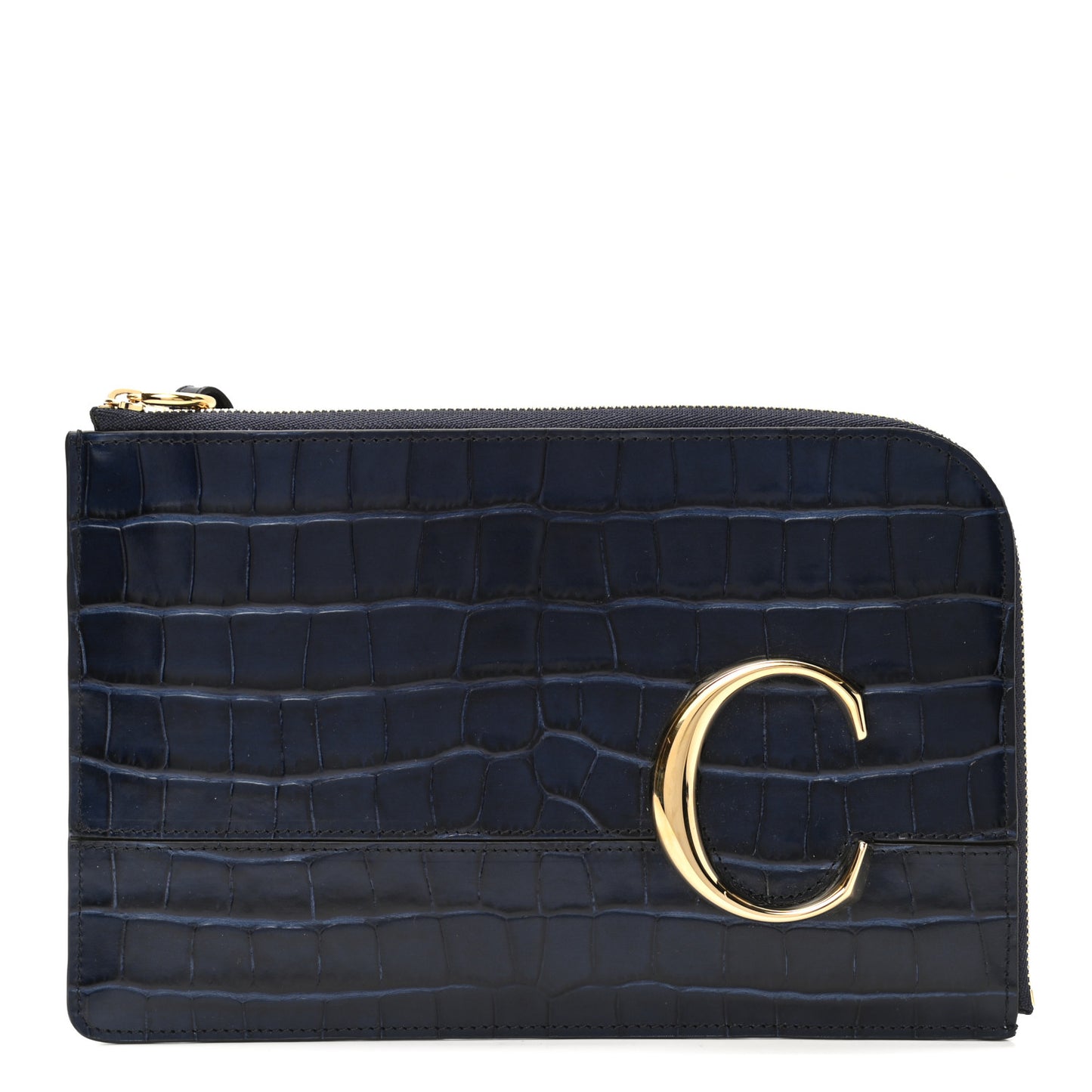Calfskin Crocodile Embossed C Flat Pouch Full Blue