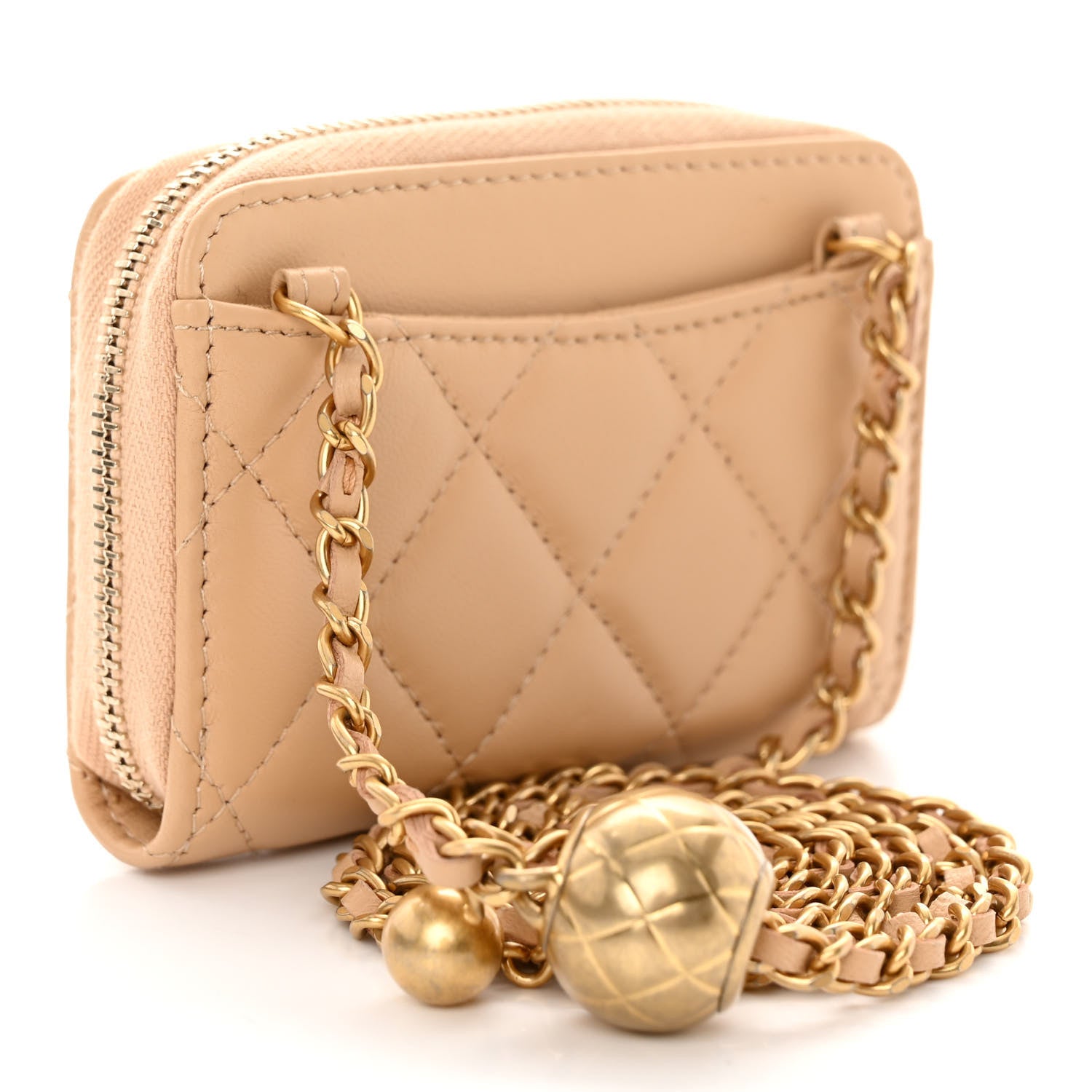 Chanel Lambskin Quilted CC Pearl Crush Zip Card Holder On Chain Beige 3 of 10