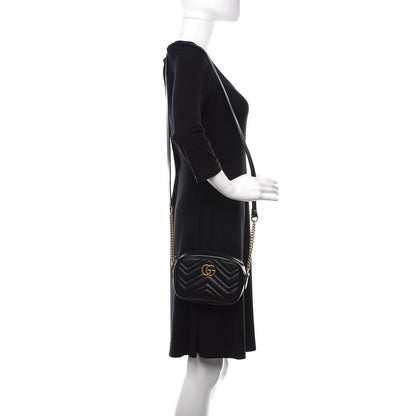 Gucci Calfskin Matelasse Mini GG Marmont Chain Shoulder Bag Black 2 of 10
