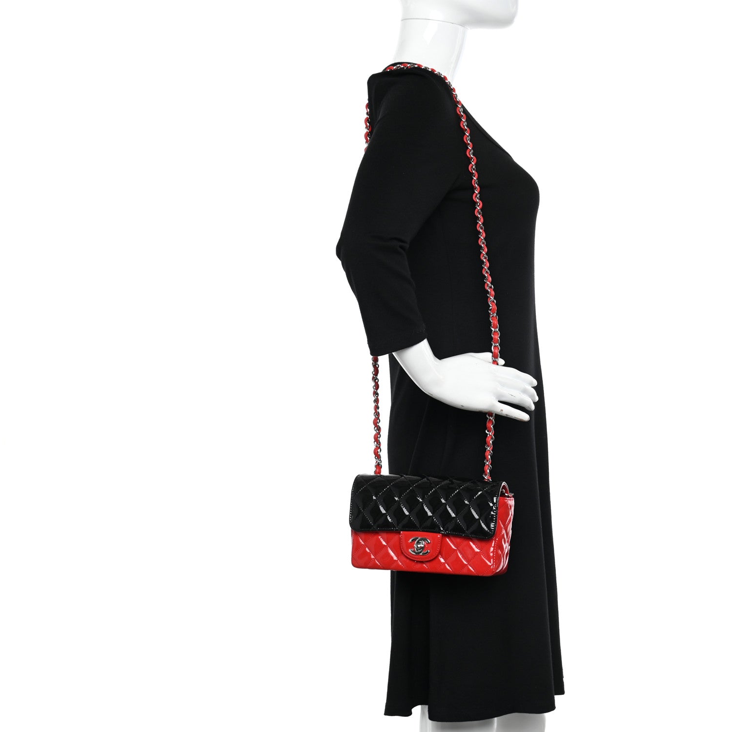 Chanel Patent Calfskin Quilted Bi-Color Mini Rectangular Flap Red Black 2 of 11