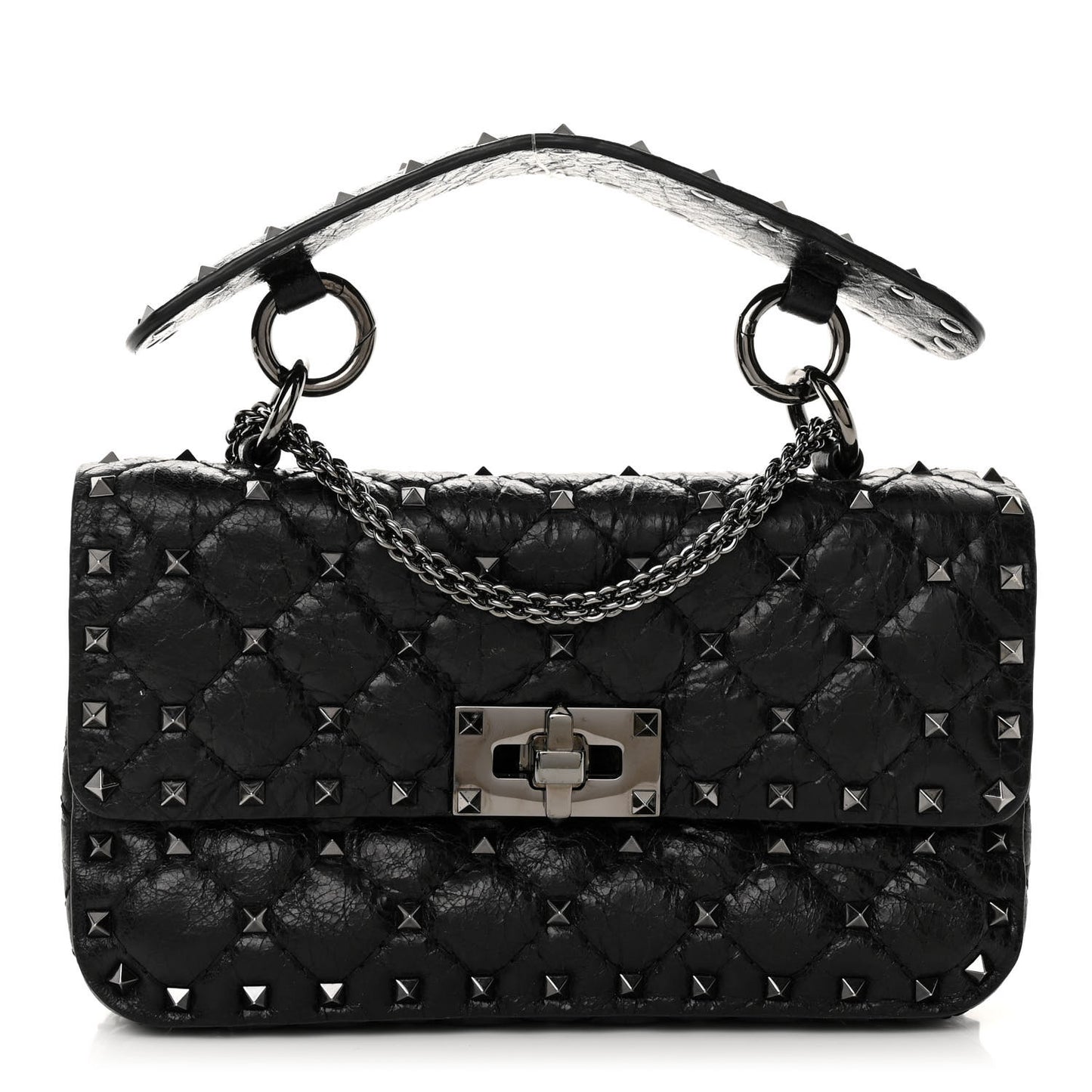 Craquele Nappa Small Rockstud Spike Shoulder Bag Black