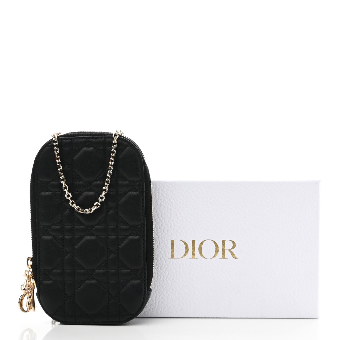 Lambskin Cannage Lady Dior Phone Holder Black