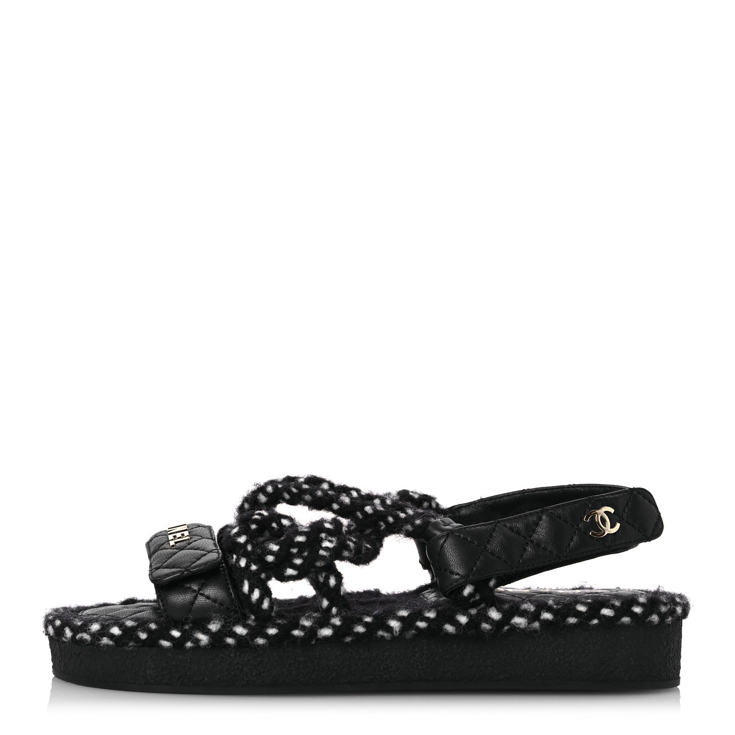 Chanel Cord Lambskin Quilted Logo Sandals 37 Black White 1 of 14