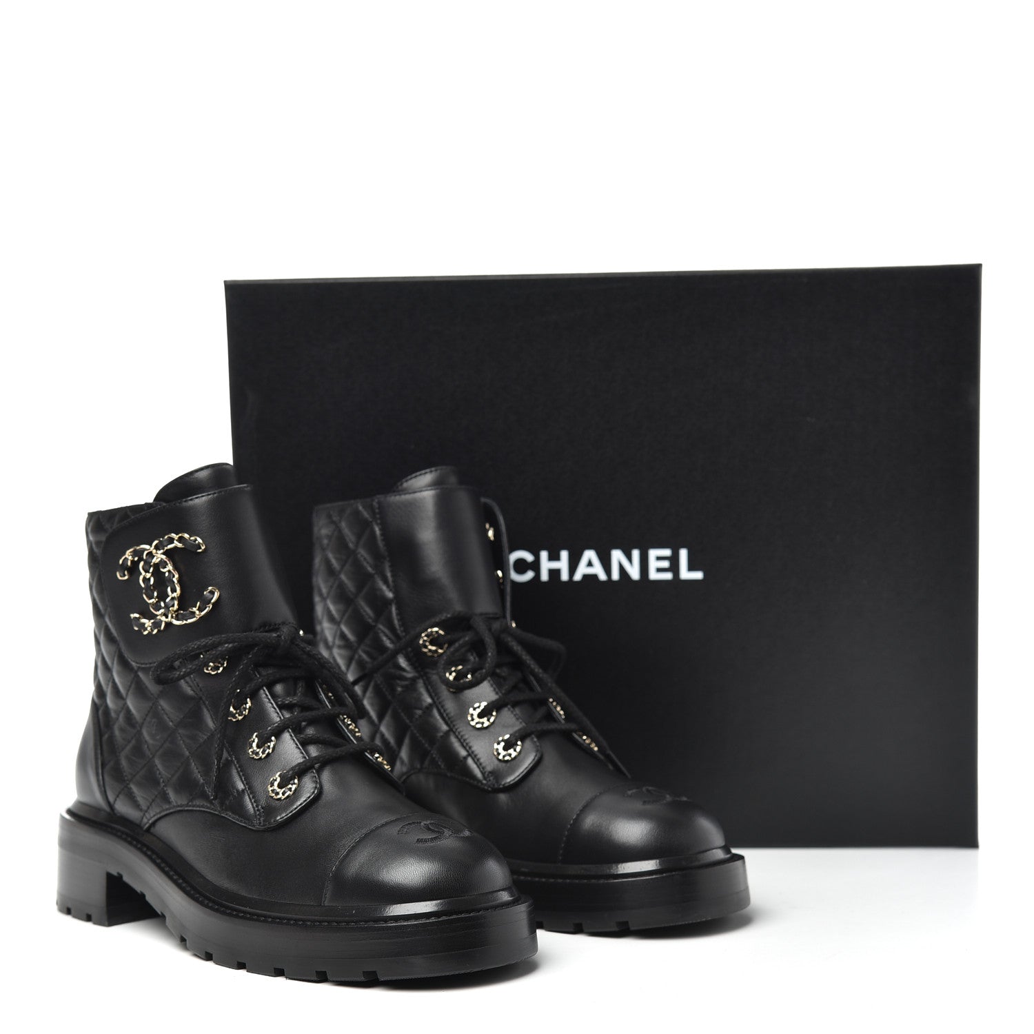 Chanel Shiny Lambskin Quilted Lace Up Combat Boots 39 Black 10 of 10