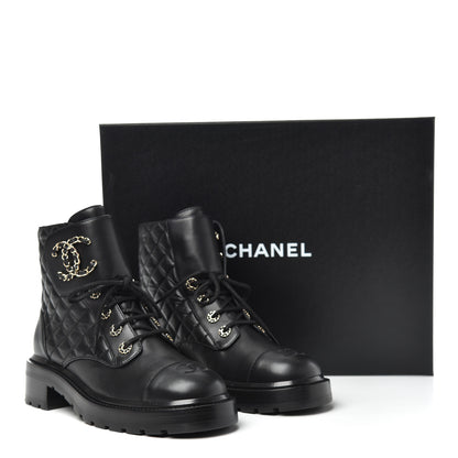 Chanel Shiny Lambskin Quilted Lace Up Combat Boots 39 Black 10 of 10