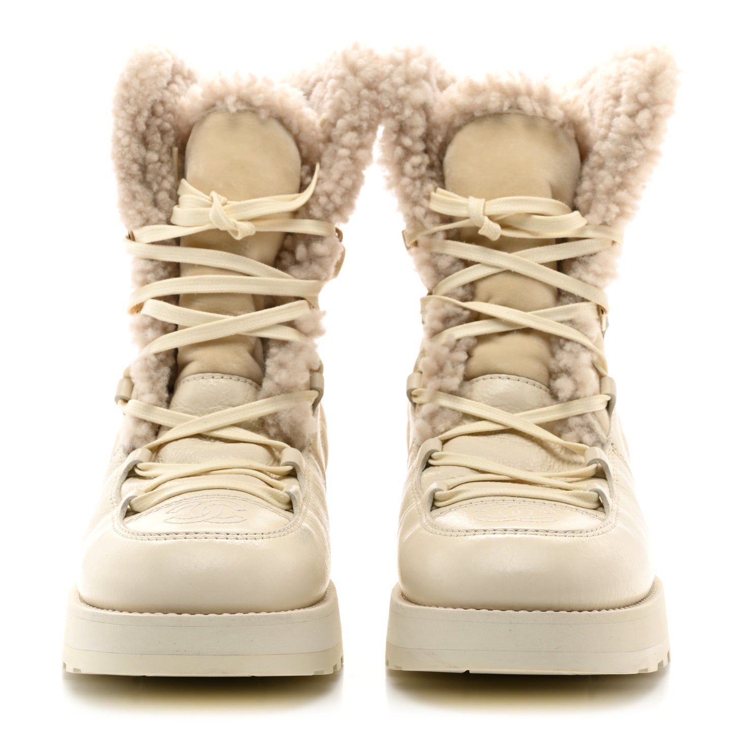 Shiny Crumpled Calfskin Velvet Shearling Lace Up Boots 40 Ivory