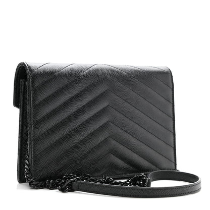 Saint Laurent Grain De Poudre Matelasse Chevron Monogram Monochrome Envelope Chain Wallet Black 3 of 12