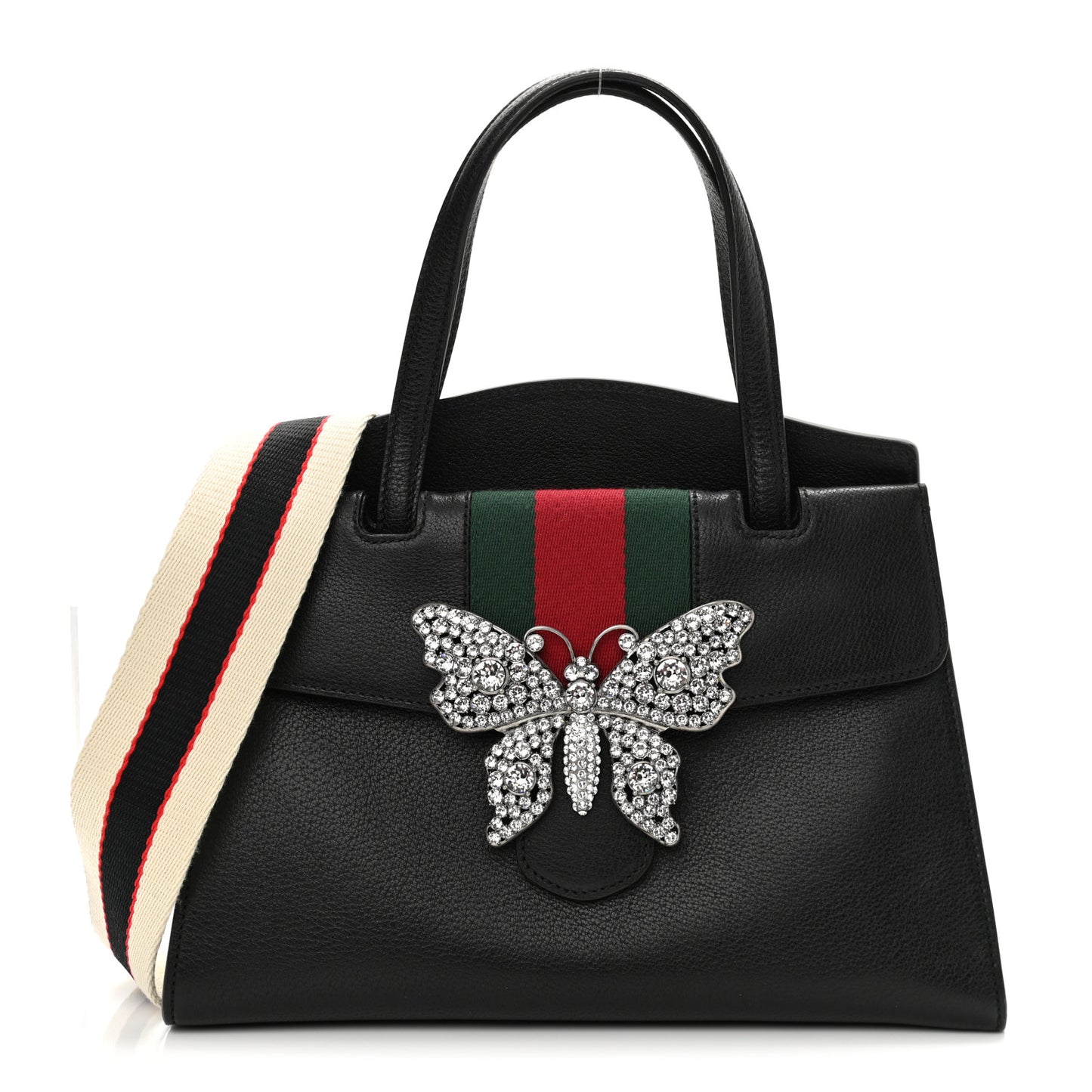 Grained Calfskin Web Crystal Butterfly Stripe Medium Totem Top Handle Bag Black