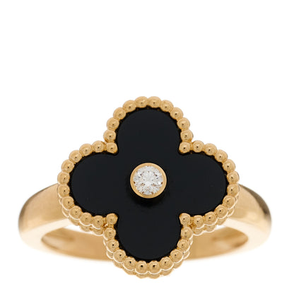 Van Cleef & Arpels 18K Yellow Gold Diamond Black Onyx Vintage Alhambra Ring 54 7 1 of 4